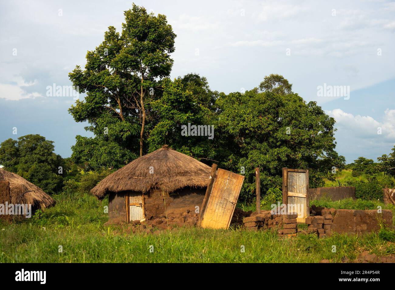 Capanne di fango Adobe con tetti in erba, Gulu, Uganda settentrionale, africa Foto Stock