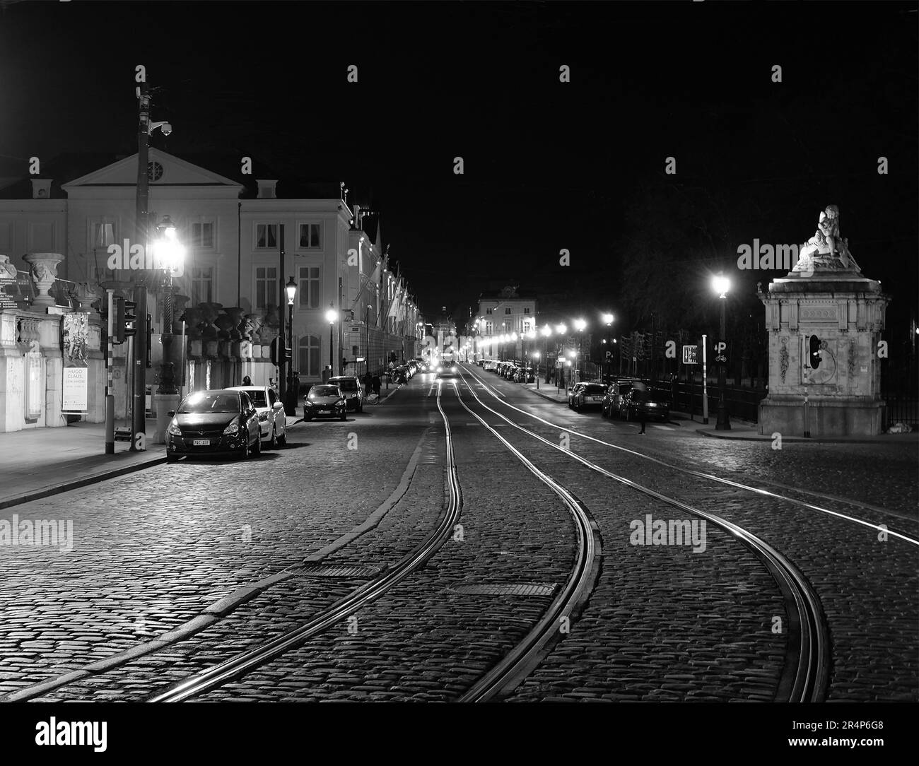 Notte a Bruxelles, linee del tram Foto Stock