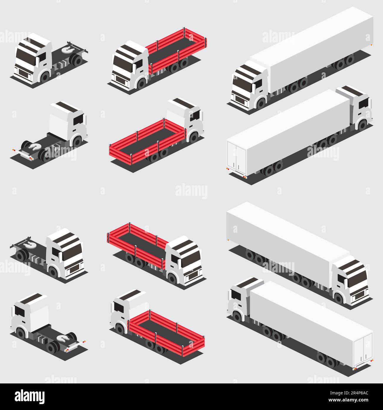Autocarro a pianale piatto rosso isometrico e rimorchio autocarro con container. Icone impostate. Trasporto commerciale. Logistica. Oggetto per infografica. Illustrazione Vettoriale