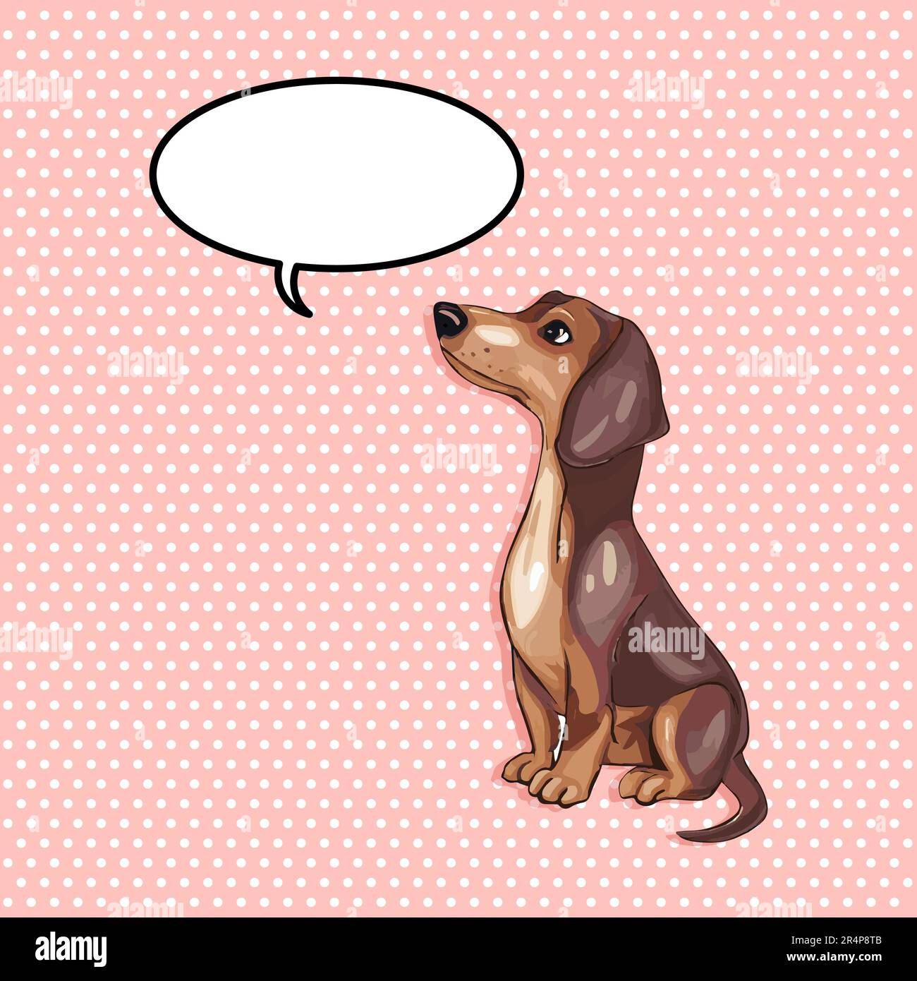 Cute seduta dachshund cane che guarda in su con palloncino parlato. Stile pop art. Illustrazione vettoriale Illustrazione Vettoriale