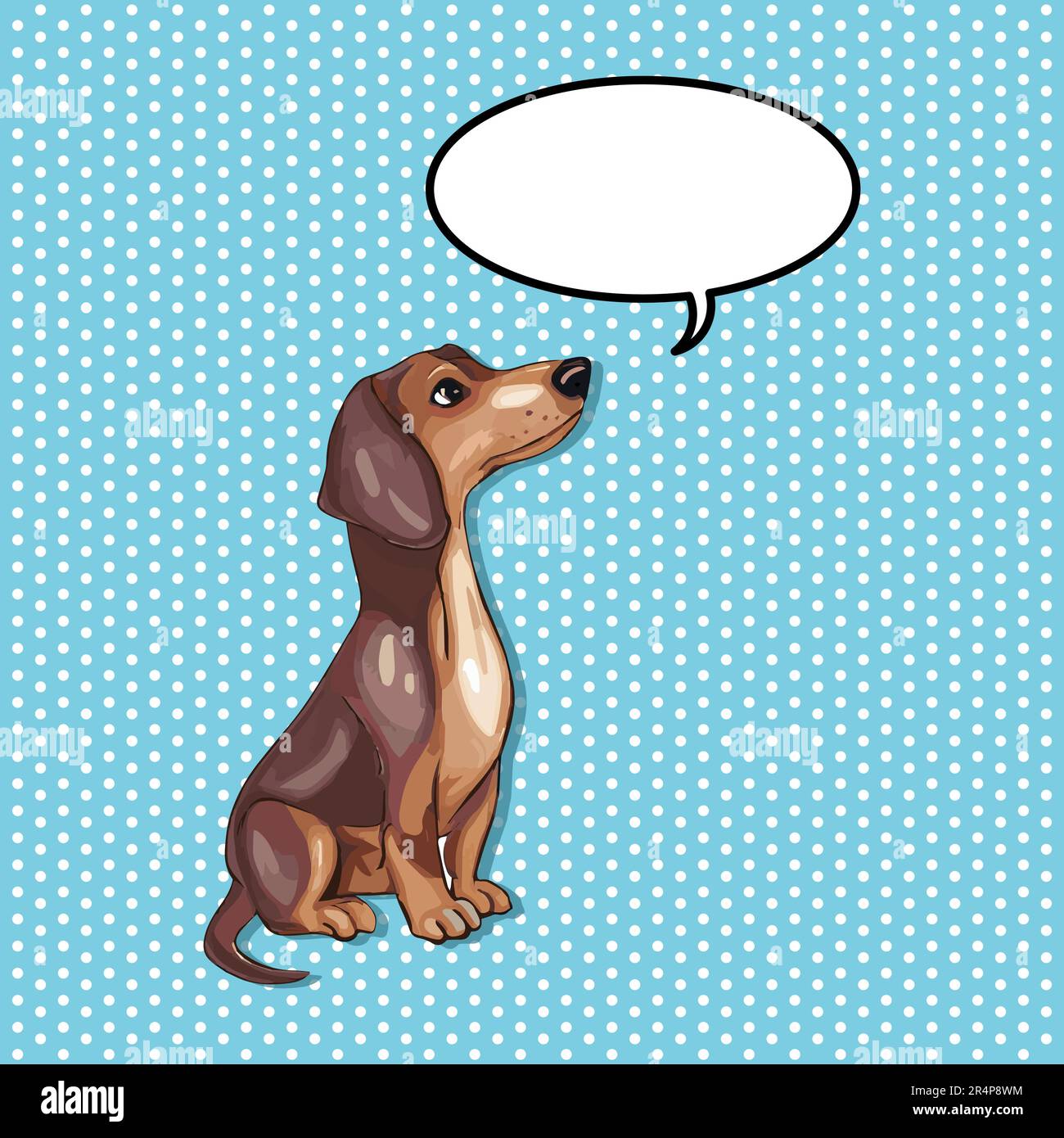 Cute seduta dachshund cane che guarda in su con palloncino parlato. Stile pop art. Illustrazione vettoriale Illustrazione Vettoriale