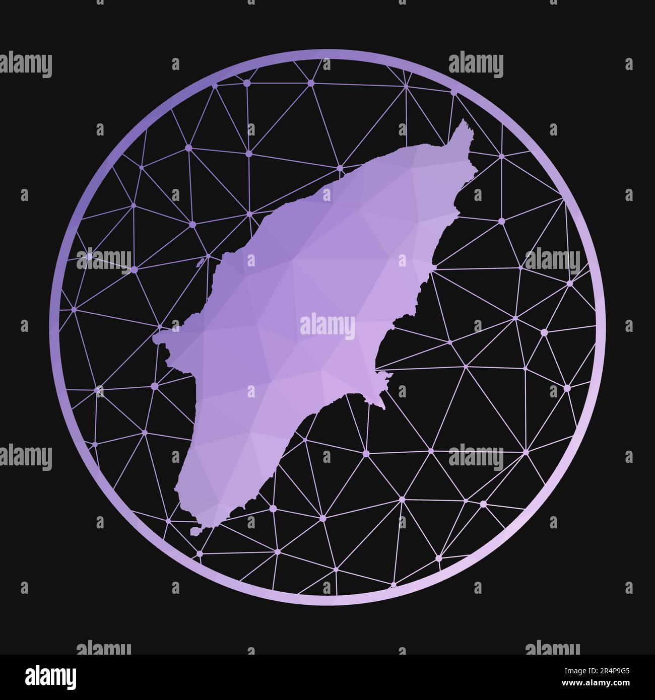 Rodi. Mappa poligonale vettoriale dell'isola. Icona di Rodi in stile geometrico. La mappa dell'isola con basso polygradient viola su sfondo scuro. Illustrazione Vettoriale