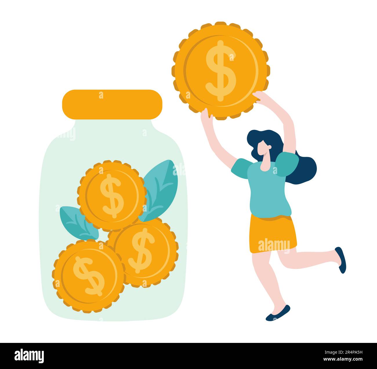 Illustrazione vettoriale di donna piccola che vuole mettere la moneta in vaso riempito con pila di monete finanziarie. Concetto di deposito di risparmio, di deposito, di investimento Illustrazione Vettoriale