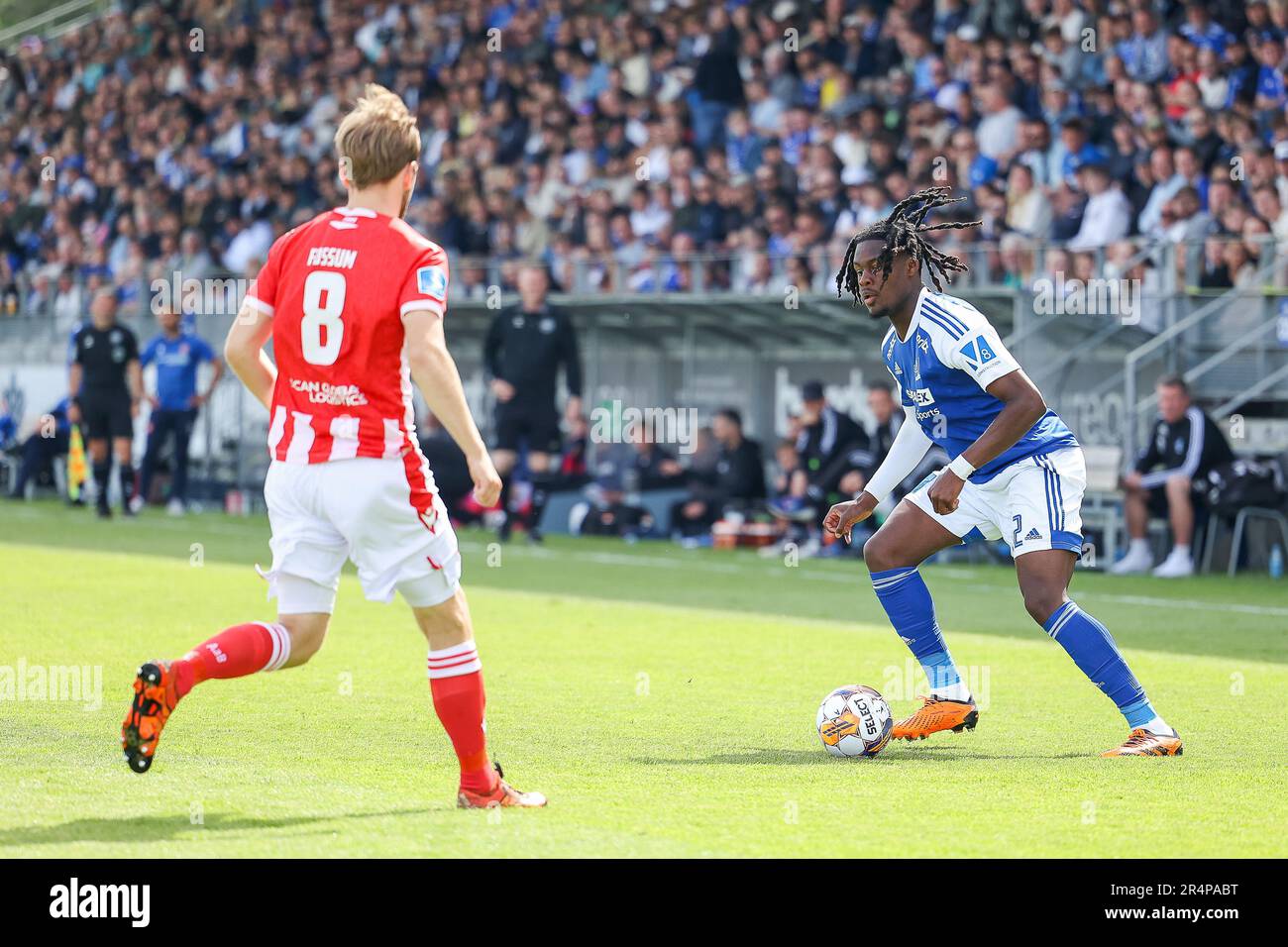 Lyngby, Danimarca. 29th maggio, 2023. Tochi Chukwuani (42) di Lyngby Boldklub visto durante il danese 3F Superliga match tra Lyngby Boldklub e Aalborg BK a Lyngby Stadion in Lyngby. (Photo Credit: Gonzales Photo/Alamy Live News Foto Stock