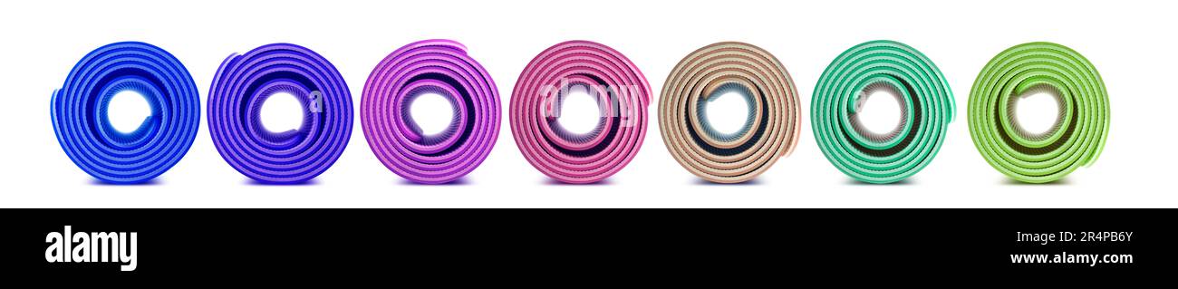 Set di diversi colori laminati materassino yoga per esercizio fisico isolato su sfondo bianco Foto Stock