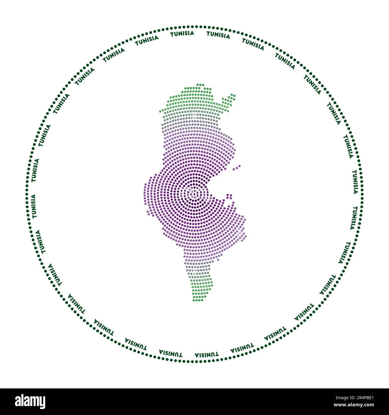 Tunisia, logo rotondo. Forma in stile digitale della Tunisia in cerchio punteggiato con il nome del paese. Icona tecnologica del paese con punti graduati. Illustrazione Vettoriale