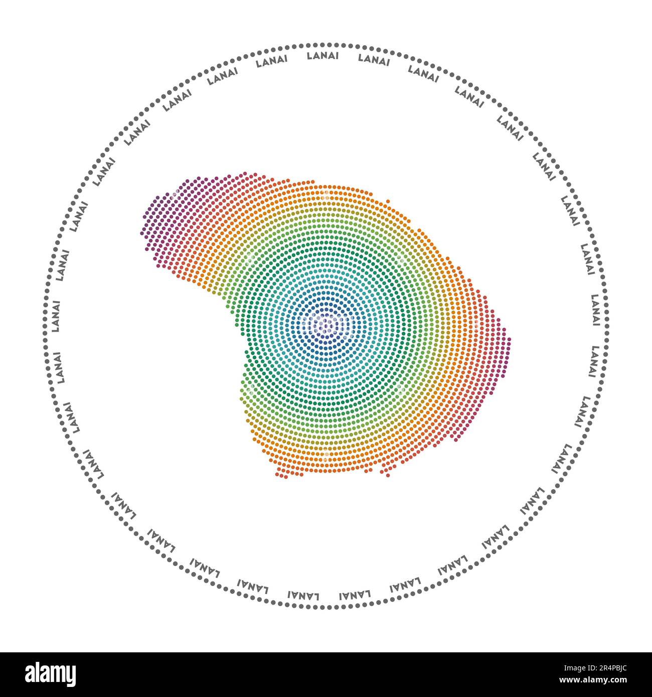 Logo lanai rotondo. Forma in stile digitale di Lanai in un cerchio punteggiato con il nome dell'isola. Icona tecnologica dell'isola con punti sfumati. Illustrazione Vettoriale