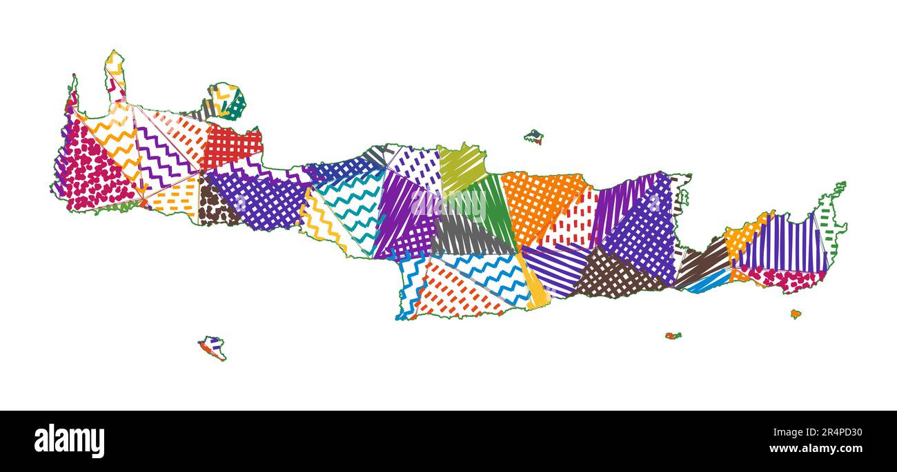 Mappa in stile capretto di Creta. Poligoni disegnati a mano a forma di Creta. Illustrazione vettoriale. Illustrazione Vettoriale