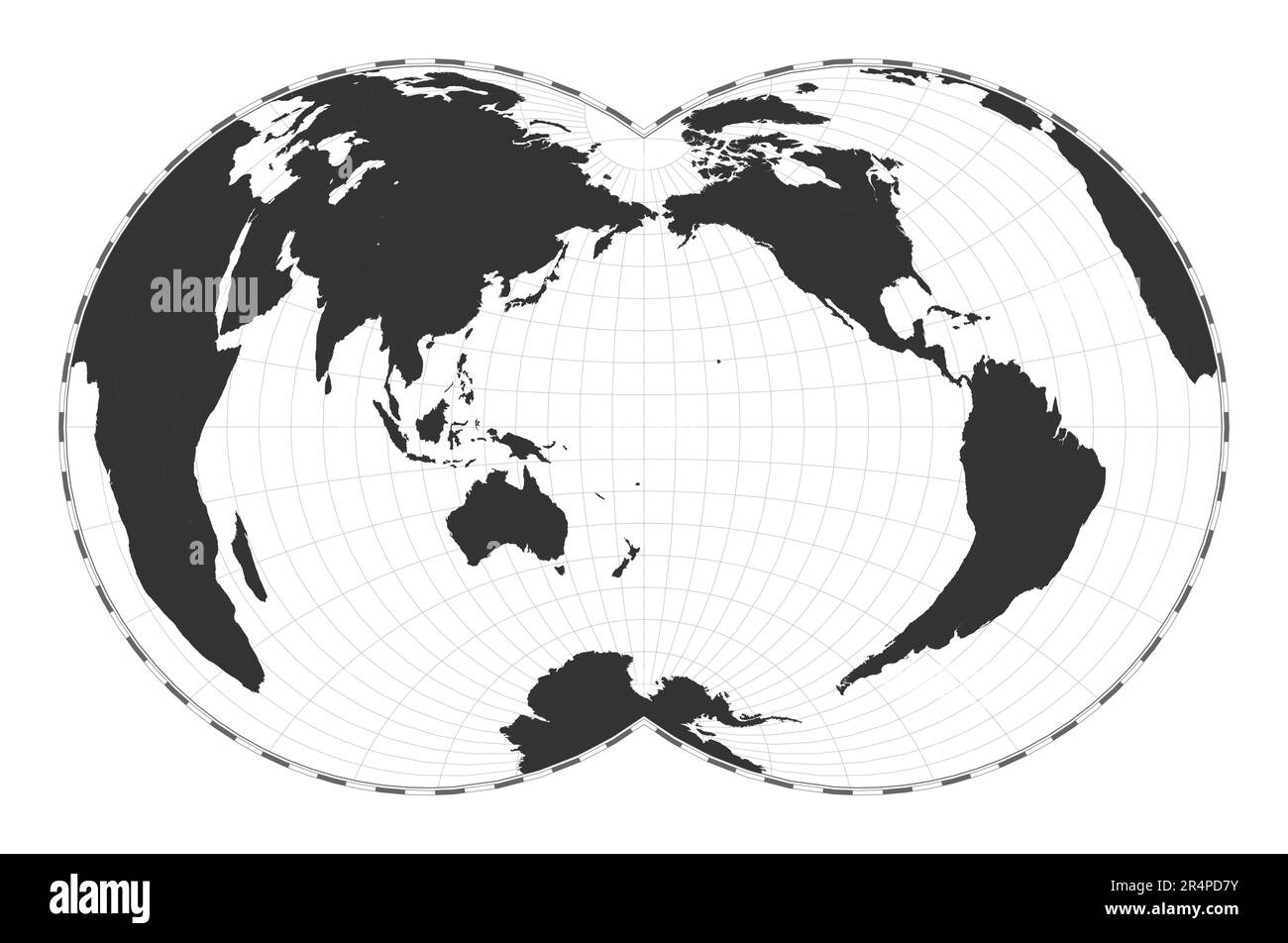 Mappa vettoriale del mondo. Proiezione globulare Nicolosi. Mappa geografica del mondo pianeggiante con linee di latitudine e longitudine. Centrato a 180 gradi di longitudine. Illustrazione Vettoriale