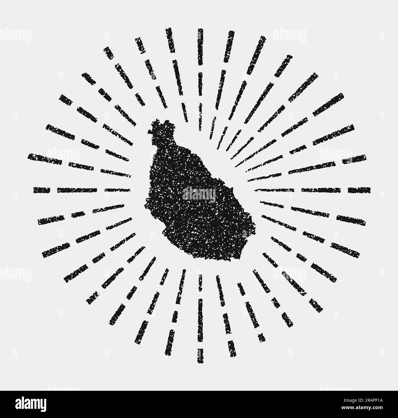 Mappa vintage dell'isola di Santiago. Il sole grunge scoppiò intorno all'isola. Nero Santiago forma bordo con raggi di sole su sfondo bianco. Illustrazione vettoriale. Illustrazione Vettoriale