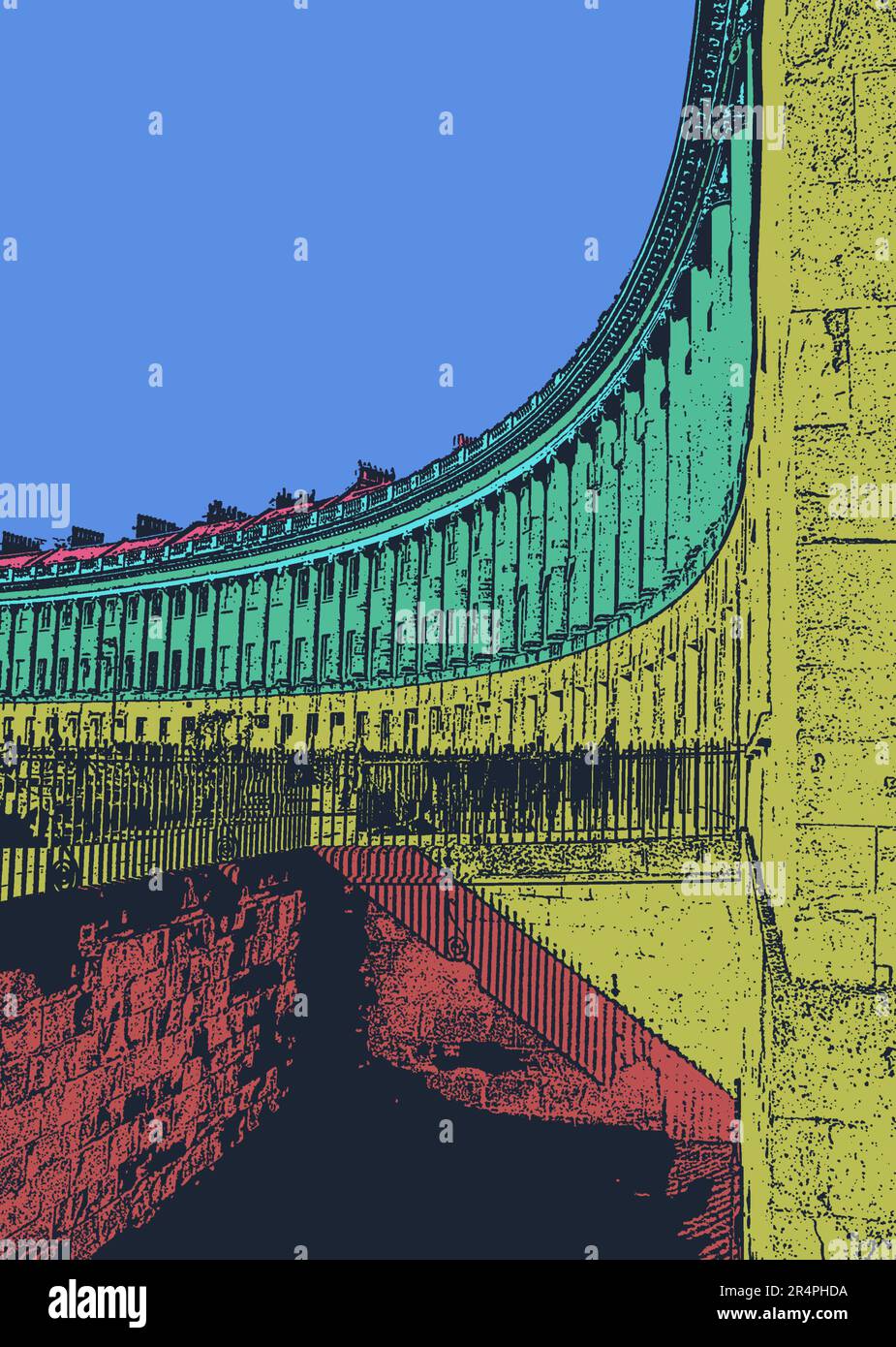 Il Royal Bath Crescent in bianco e nero, colori luminosi e fotografia, girato senza le ringhiere in vista facendo un'immagine unica del Crescent. Foto Stock