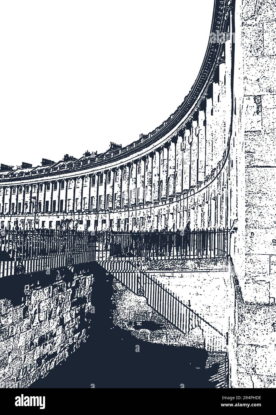 Il Royal Bath Crescent in bianco e nero, colori luminosi e fotografia, girato senza le ringhiere in vista facendo un'immagine unica del Crescent. Foto Stock