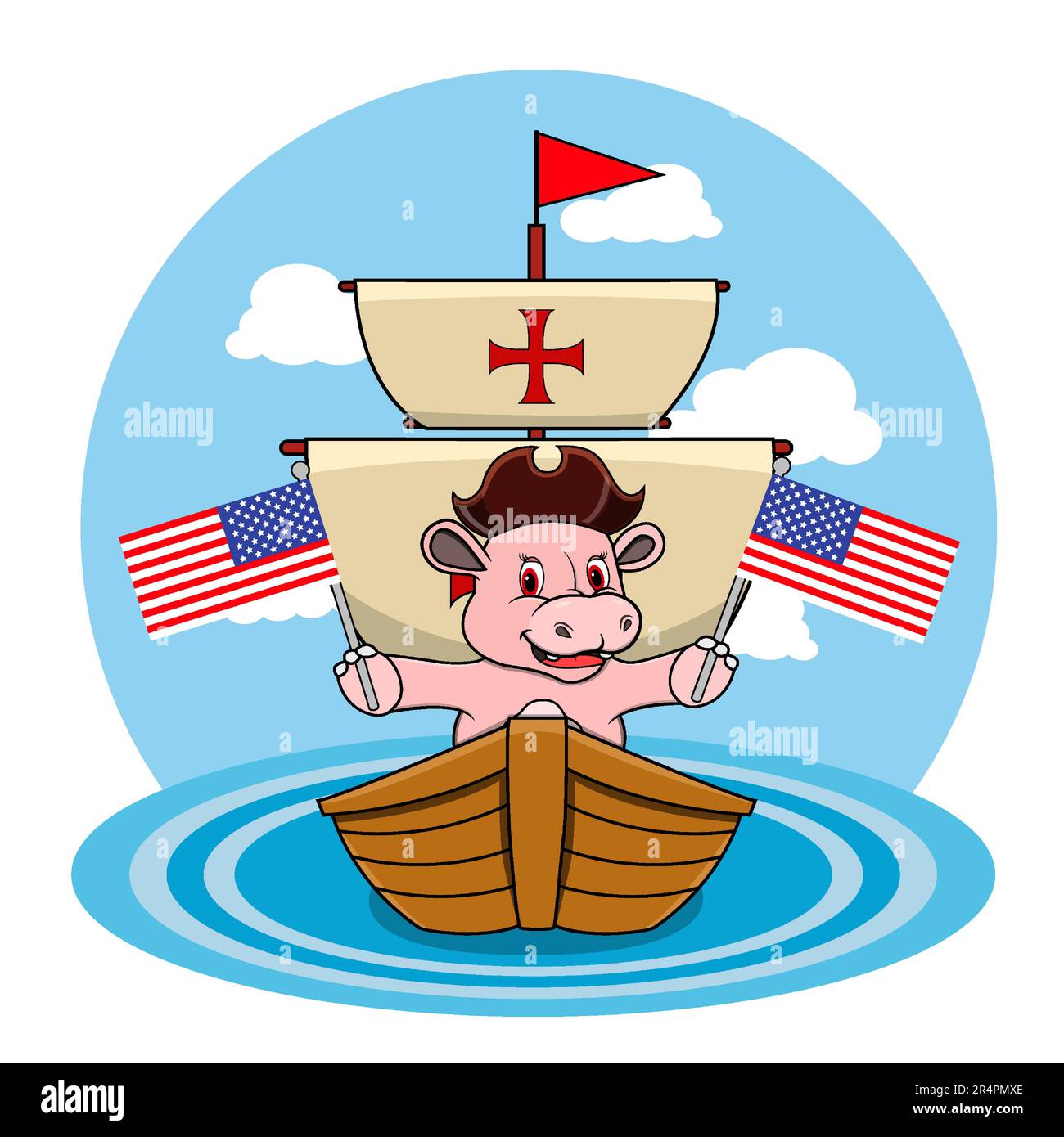 Felice Columbus Day America con carino Hippopotamus e nave in Mare, Cartoon, Mascot, animali, carattere, Vettore e illustrazione. Illustrazione Vettoriale