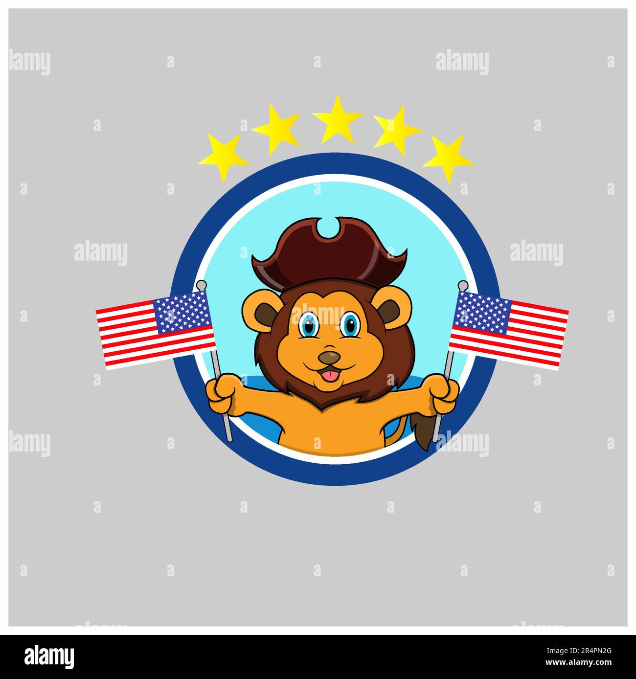 Felice Columbus Day America con Leone carino e porta bandiere, Circle Label, Cartoon, Mascotte, Animali, Carattere, vettore e illustrazione. Illustrazione Vettoriale