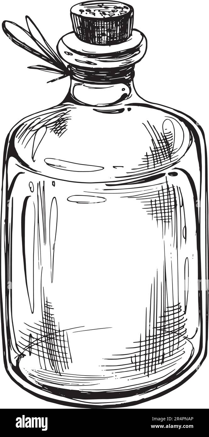 Vaso di vetro con tappo. L'illustrazione è disegnata a mano con inchiostro nero, immagine. Vettore EPS. Oggetto isolato su sfondo bianco. Illustrazione Vettoriale