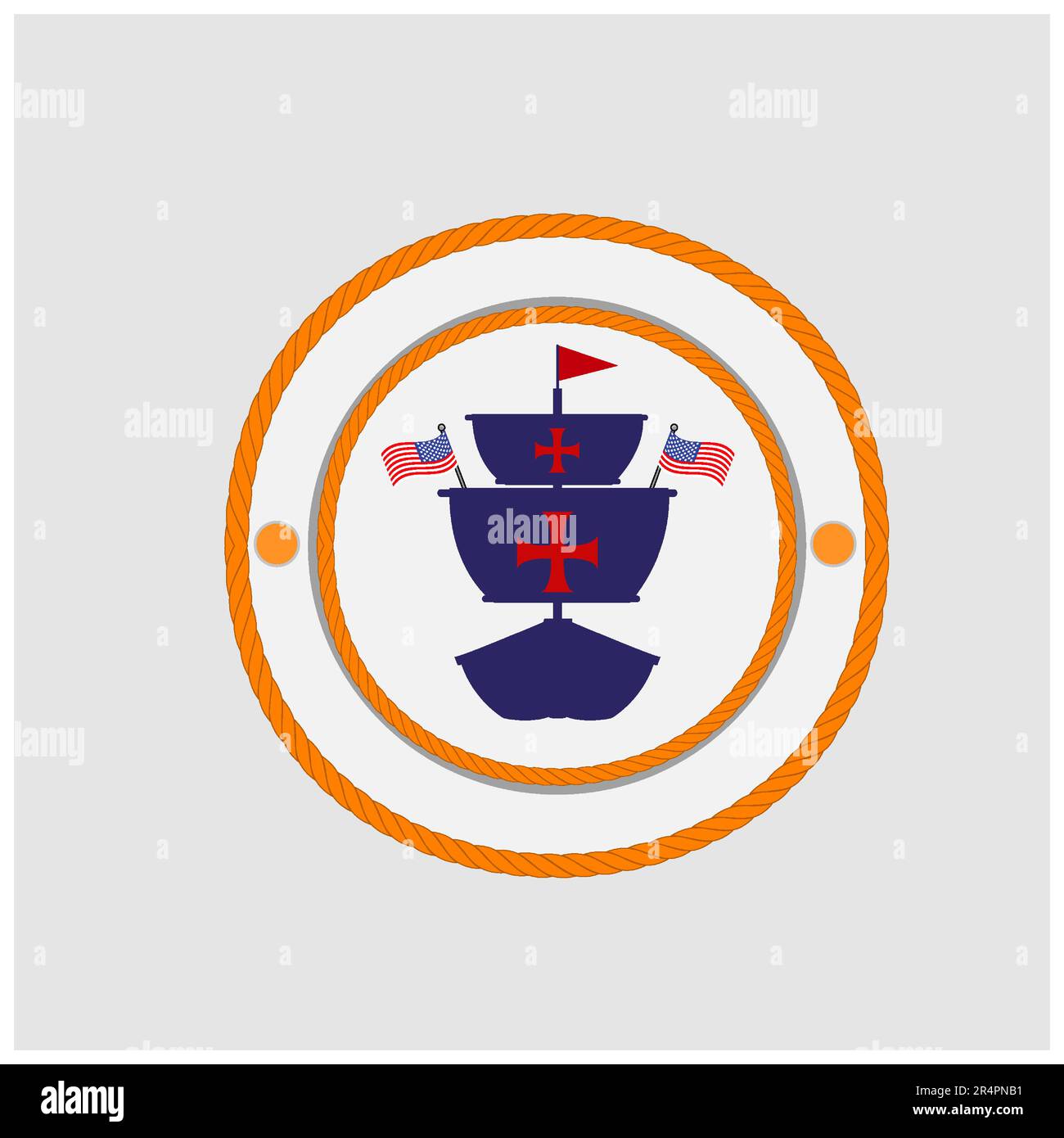 Felice Columbus Day America con la progettazione della nave su corda, bandiere, poster di festa di festa, vettore e illustrazione. Illustrazione Vettoriale