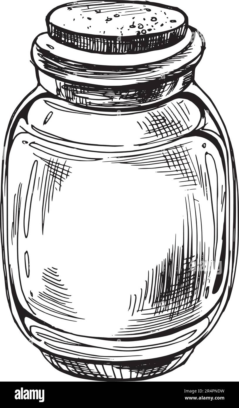 Vaso di vetro con tappo. L'illustrazione è disegnata a mano con inchiostro nero, immagine. Vettore EPS. Oggetto isolato su sfondo bianco. Illustrazione Vettoriale
