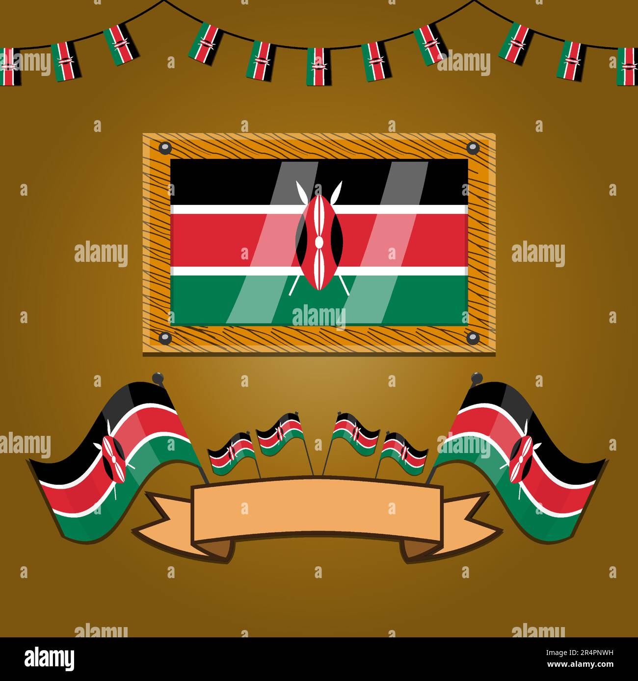 Bandiere del Kenya su legno di telaio, etichetta, gradiente semplice e illustrazione vettoriale Illustrazione Vettoriale