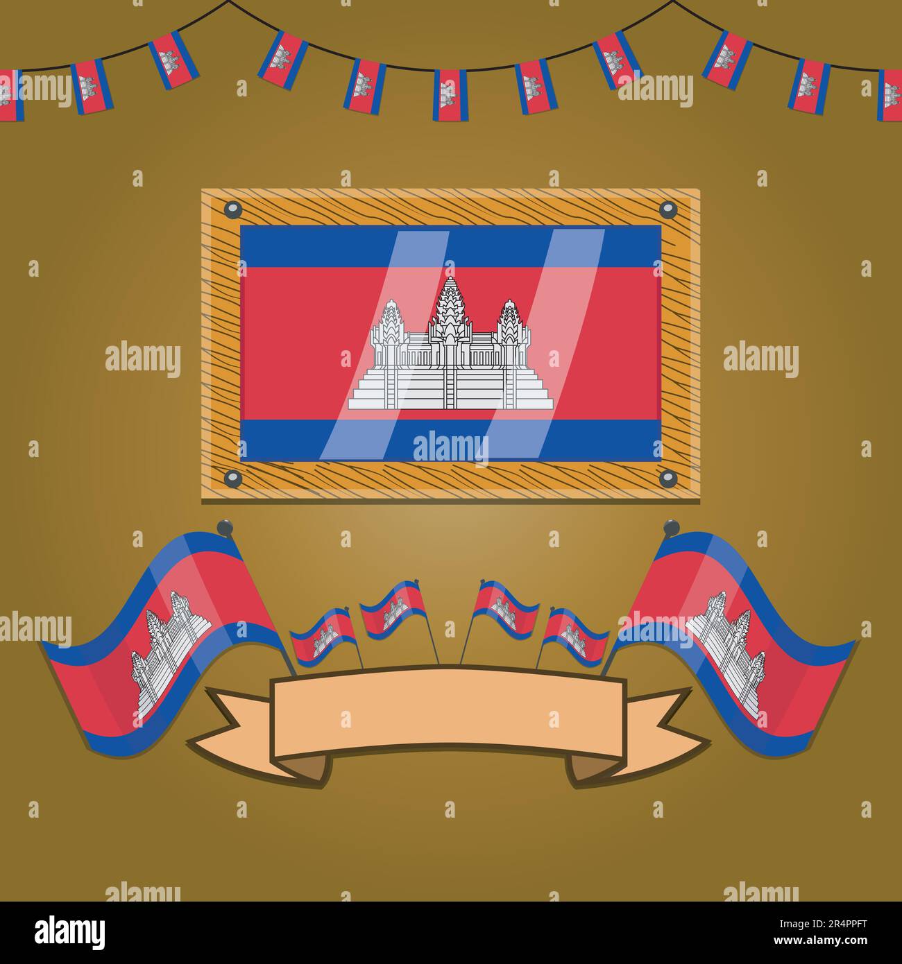 Bandiere Cambogia su telaio legno, etichetta, gradiente semplice e Vector Illustration Illustrazione Vettoriale