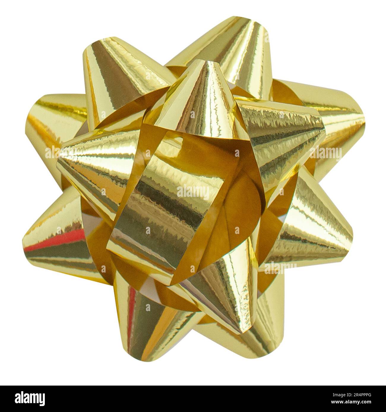 Pacchetto di elementi decorativi con nastro ad arco in oro isolato su sfondo trasparente. Regalo con decorazioni in raso dorato lucido. Natale, Capodanno vacanze cele Foto Stock