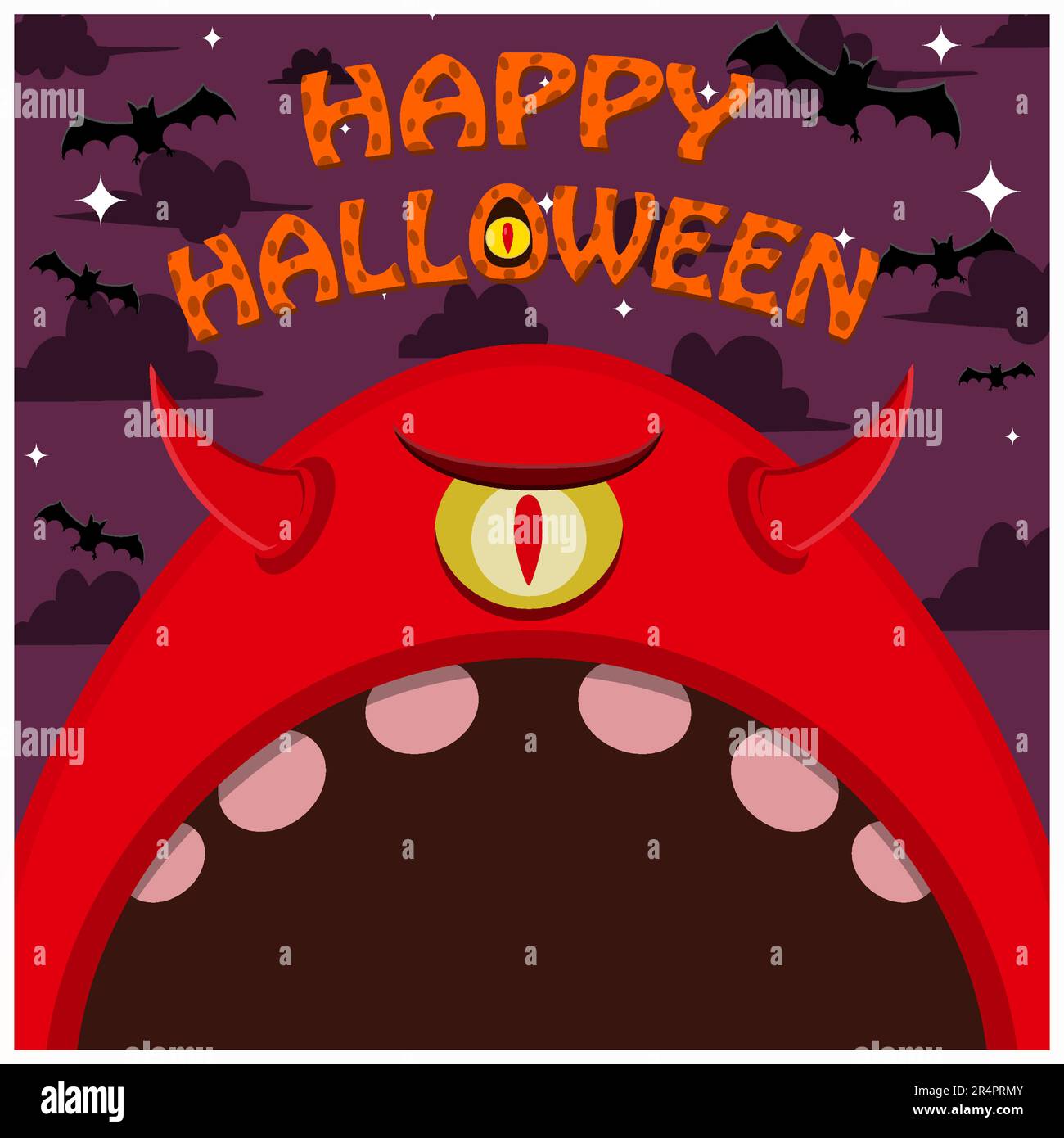 Carattere di Halloween Design. Con un personaggio mostro occhio. Faccia grande e bocca aperta. A Gravefield. Vettore e illustrazione Illustrazione Vettoriale
