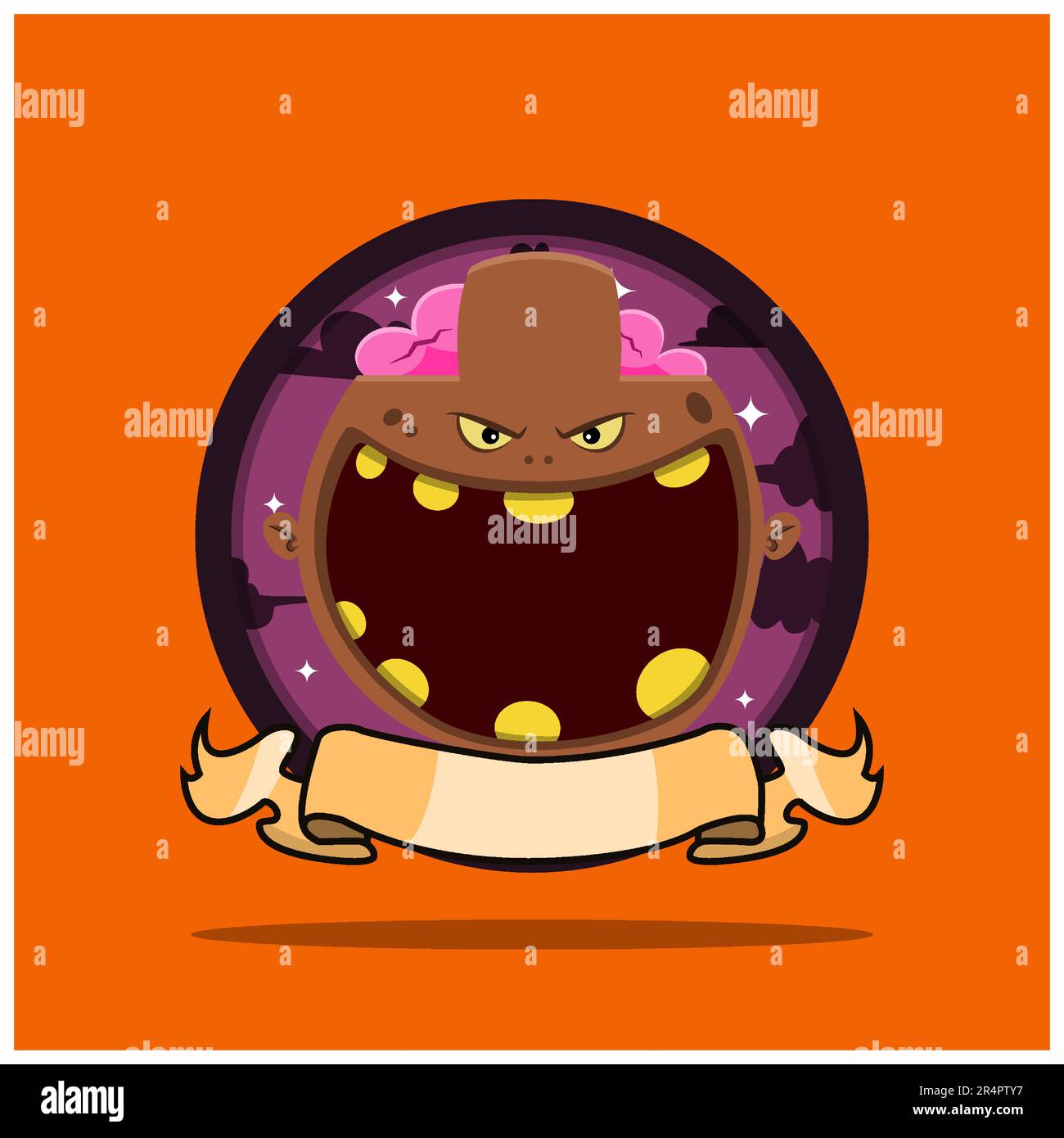 Etichetta circolare vintage Monster Head con design zombie marrone. Vettore e illustrazione Illustrazione Vettoriale