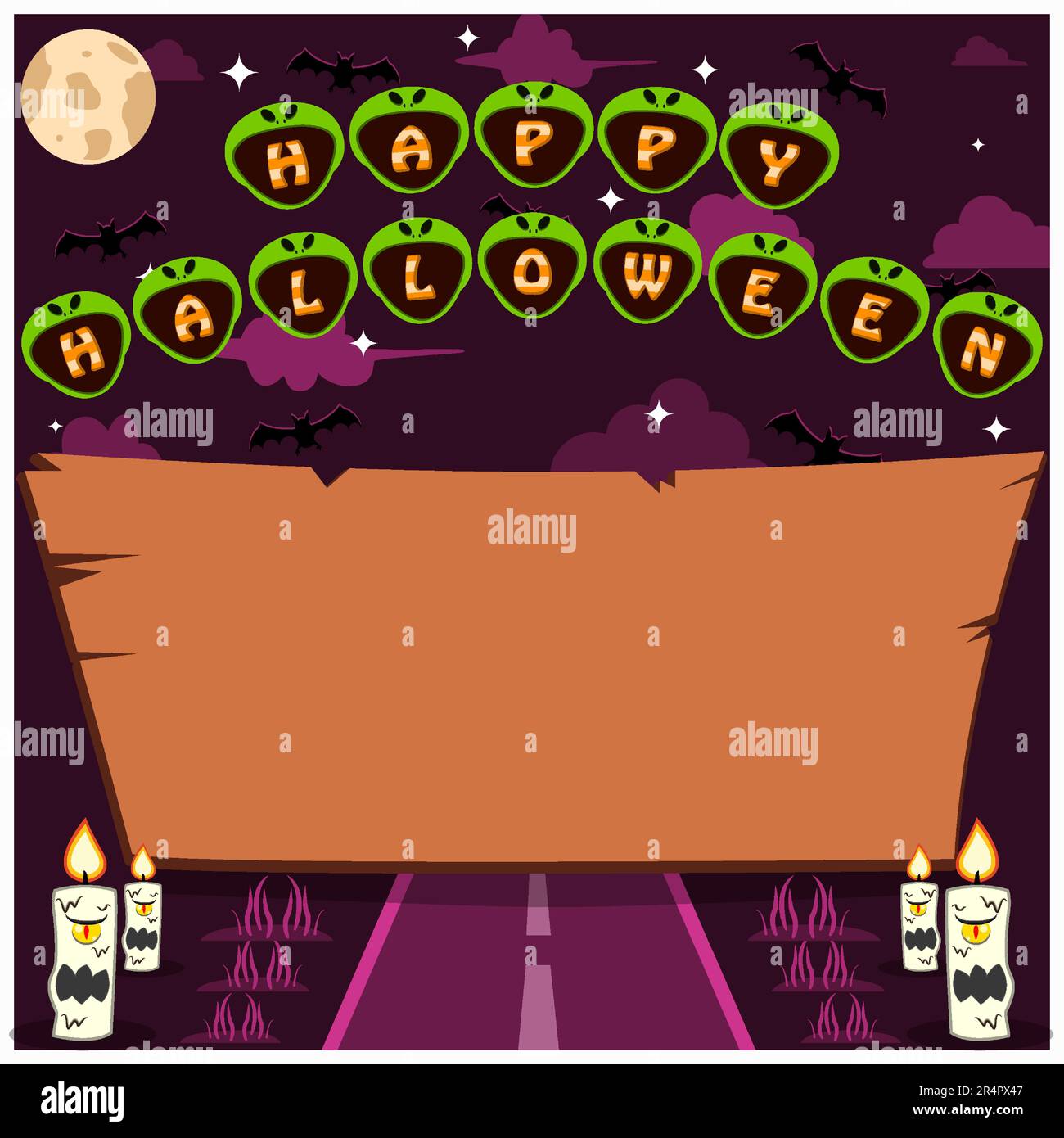 Invito di Halloween Holidays o biglietto d'auguri con parola sul carattere Alien Head, spazio vuoto in legno e strada. Vettore e illustrazione Illustrazione Vettoriale