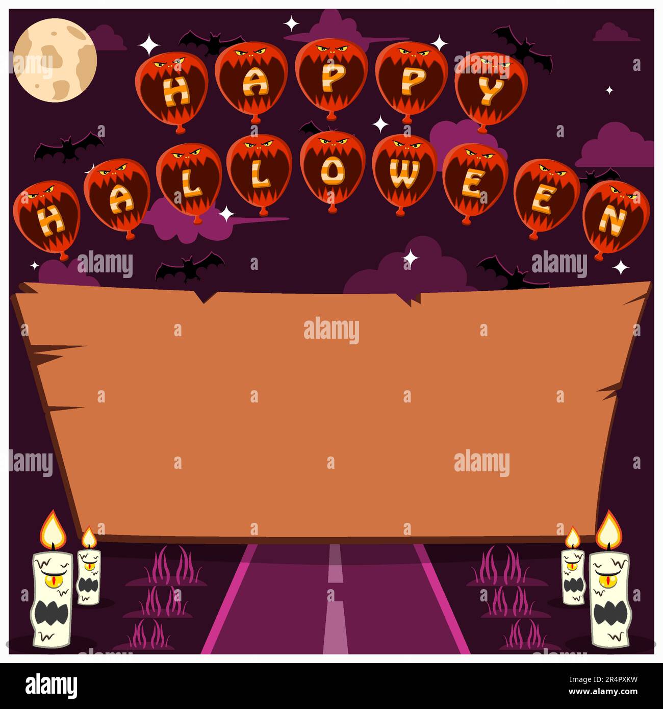 Invito di Halloween Holidays o biglietto d'auguri con parola sul carattere testa palloncino, spazio vuoto di legno e strada. Vettore e illustrazione Illustrazione Vettoriale