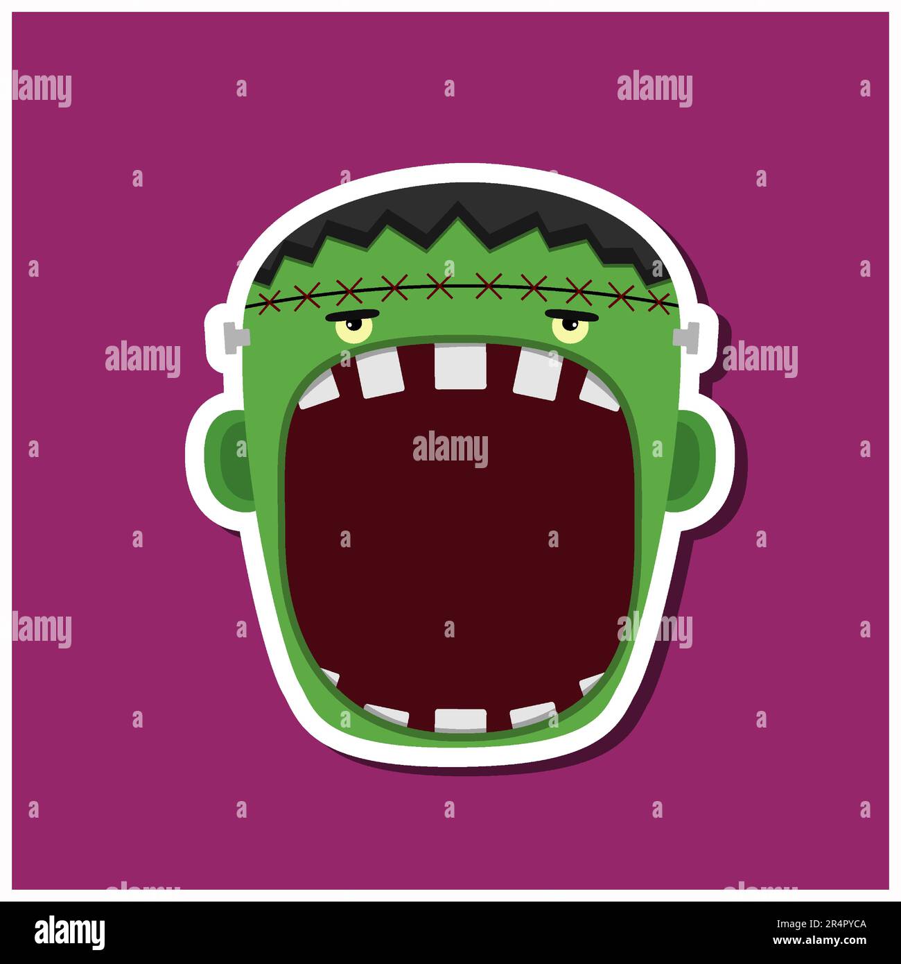 Monster Stickers con Halloween Frankenstein. Sfondo viola. Design piatto. Simboli di Halloween. Vettore e illustrazione. Illustrazione Vettoriale