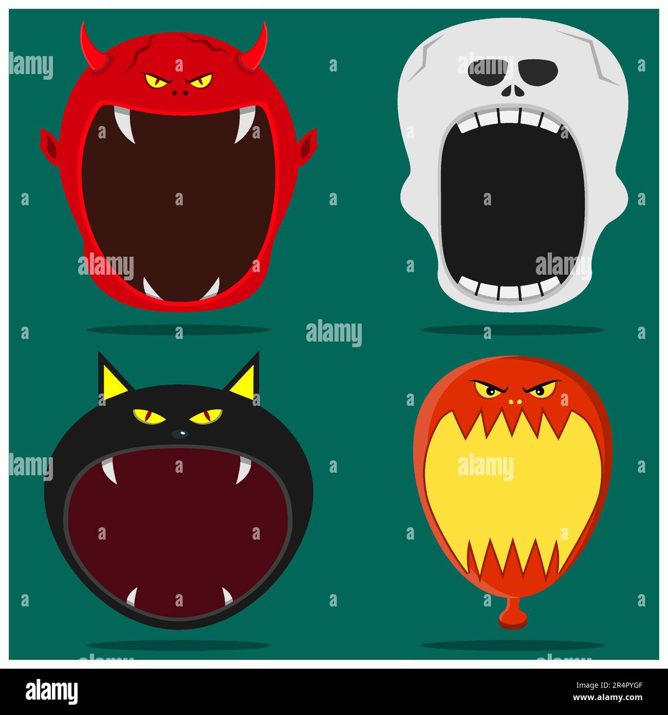 Quattro Halloween personaggio testa e bocca aperta. Diavolo, scheletro, gatto nero e carattere palloncino. Vettore e illustrazione. Illustrazione Vettoriale