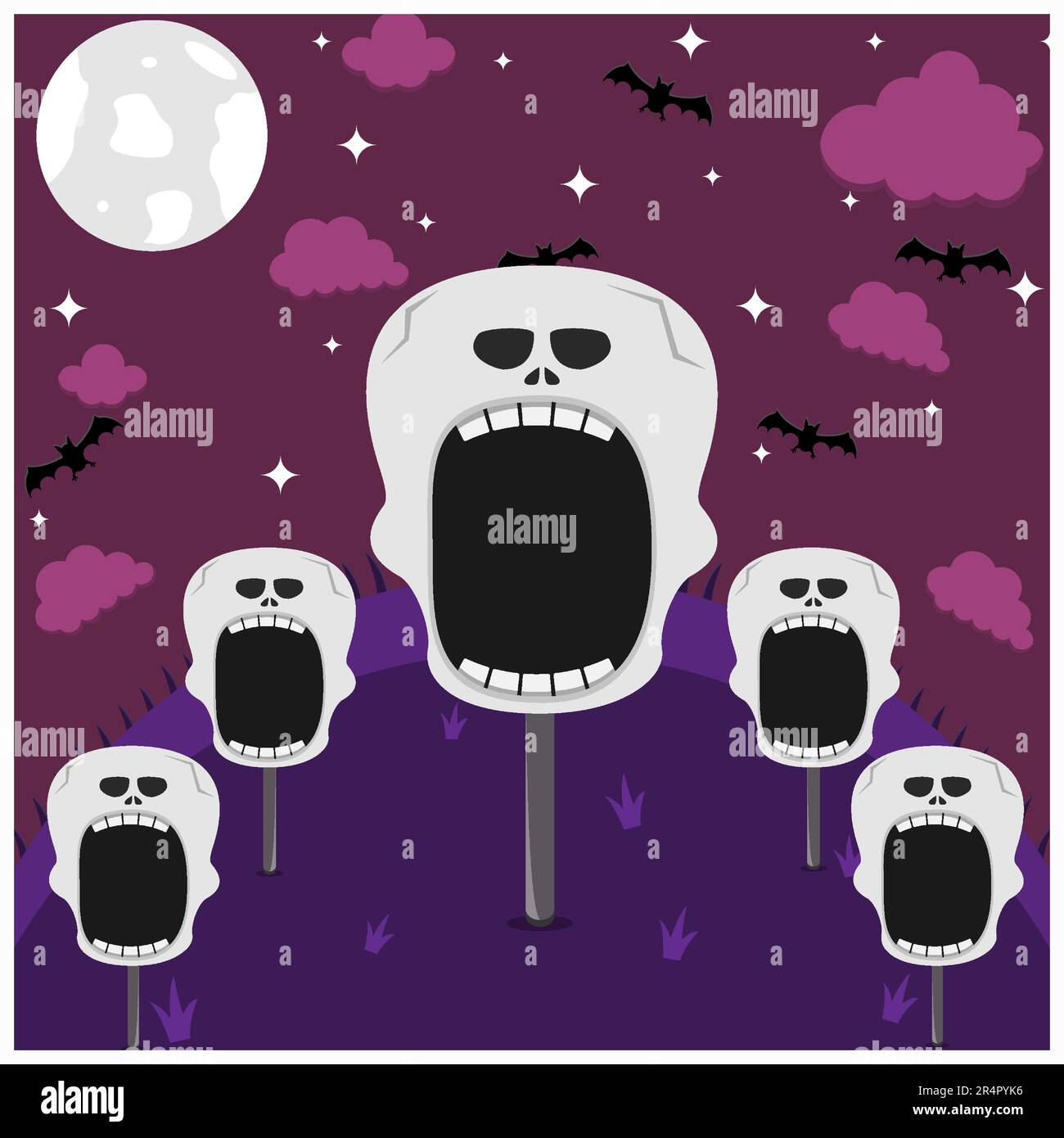 Design della testa di Halloween. Personaggio scheletro in campo e di notte. Vettore e illustrazione Illustrazione Vettoriale