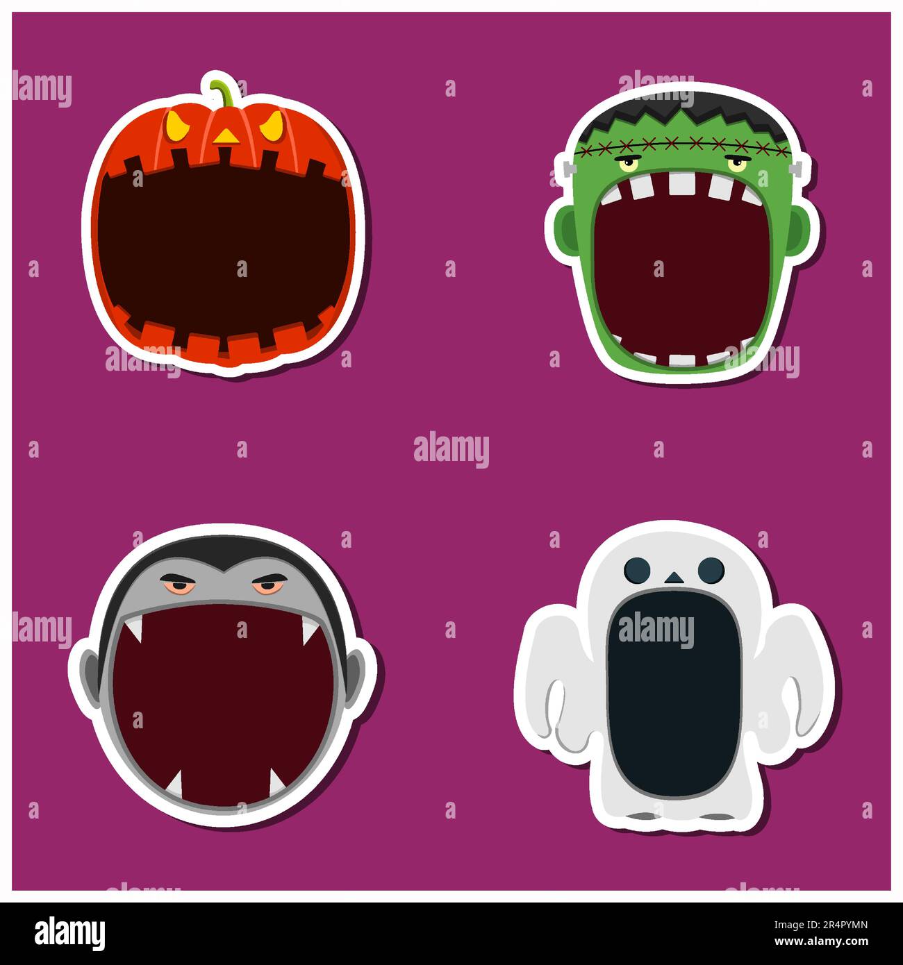 Adesivo per il design del set per la testa di Halloween. Zucca, Frankenstein, Dracula e Ghost Head personaggio. Vettore e illustrazione Illustrazione Vettoriale