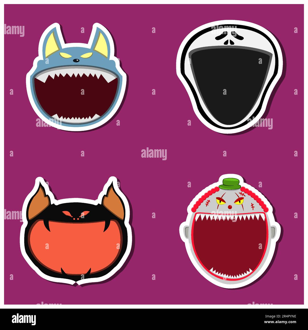 Adesivo per il design del set per la testa di Halloween. Wolf, Scream, Creepy Bat e Creepy Clown Head. Vettore e illustrazione Illustrazione Vettoriale