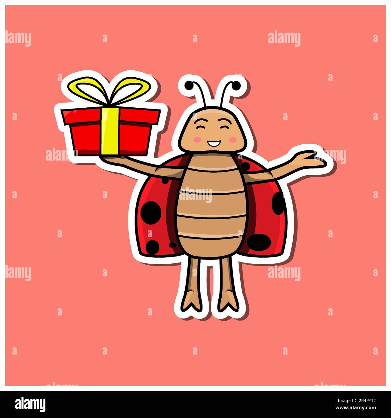 Carino Insect Sticker con Bettle Cartoon portare Gisft. Sfondo rosa. Personaggio, icona, mascotte, vettore e Illustrazione. Illustrazione Vettoriale