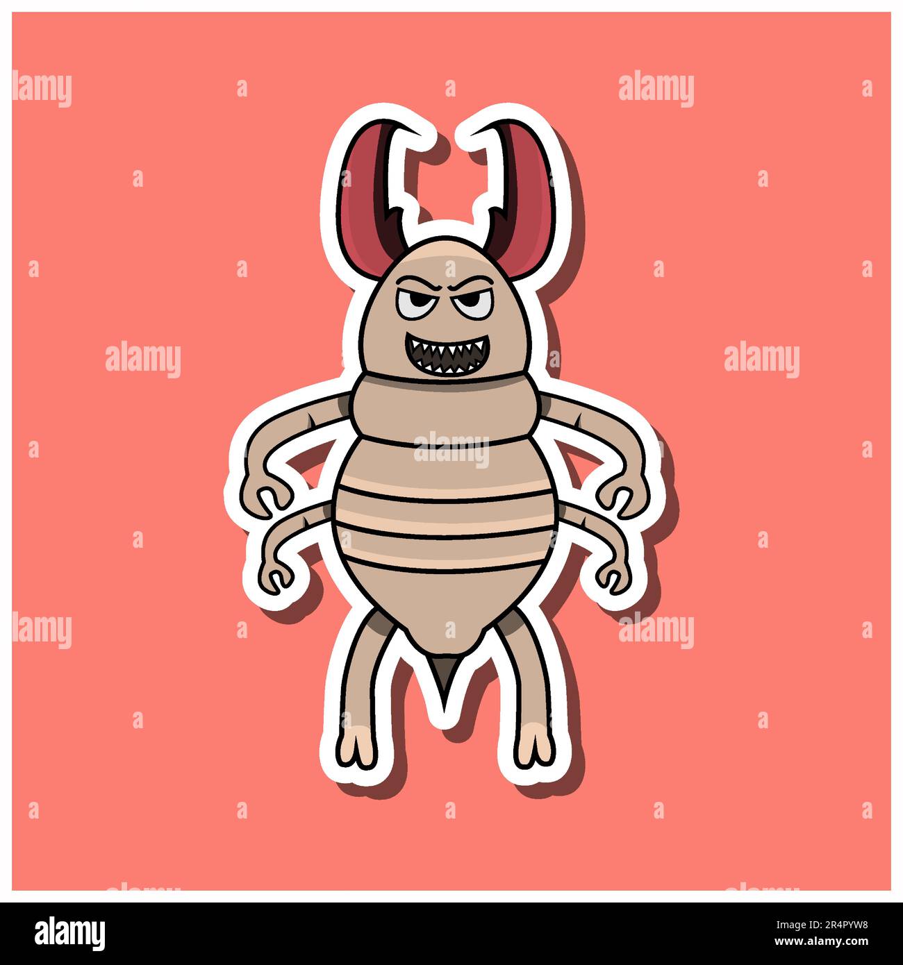 Carino Insect Sticker con Evil Termite Cartoon. Sfondo rosa. Personaggio, icona, mascotte, vettore e Illustrazione. Illustrazione Vettoriale