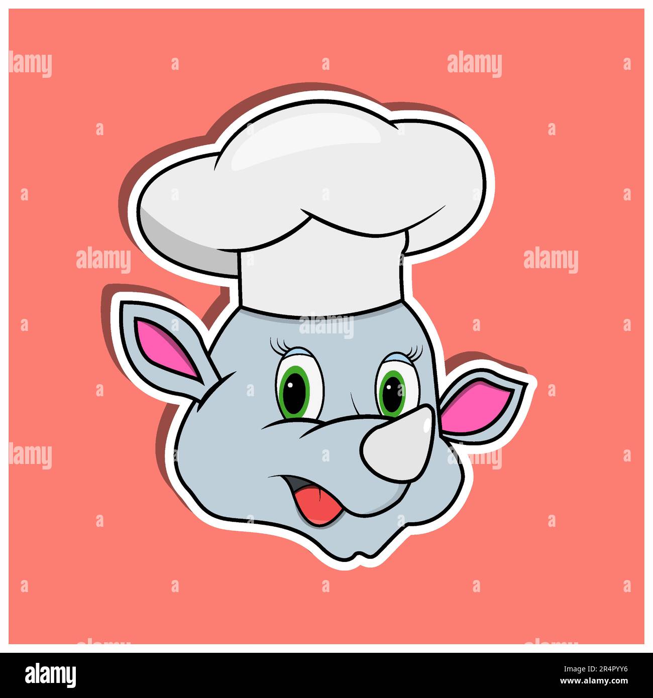 Adesivo per il viso animale con rinoceronte che indossa il cappello dello chef. Design dei personaggi. Vettore e illustrazione Illustrazione Vettoriale