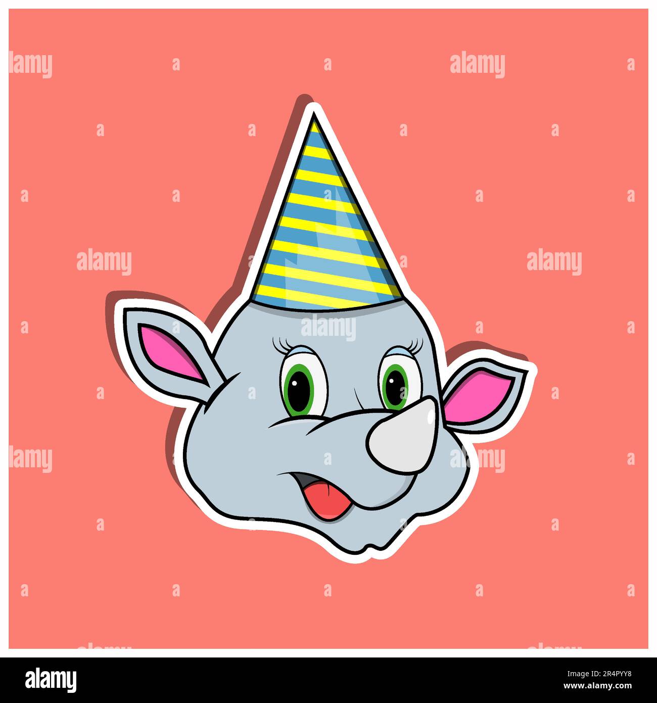 Adesivo per il viso animale con rinoceronte che indossa un cappello da festa. Design dei personaggi. Vettore e illustrazione Illustrazione Vettoriale