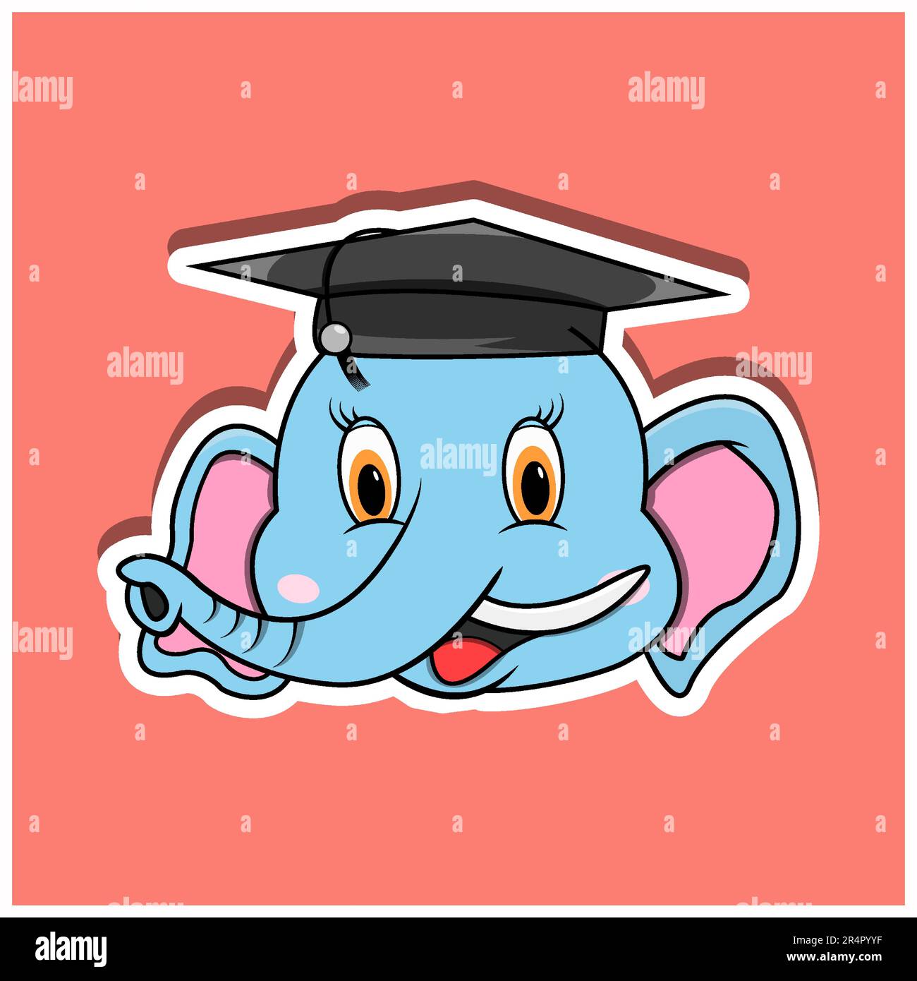 Adesivo per il viso animale con elefante che indossa un cappello da laurea. Design dei personaggi. Vettore e illustrazione Illustrazione Vettoriale