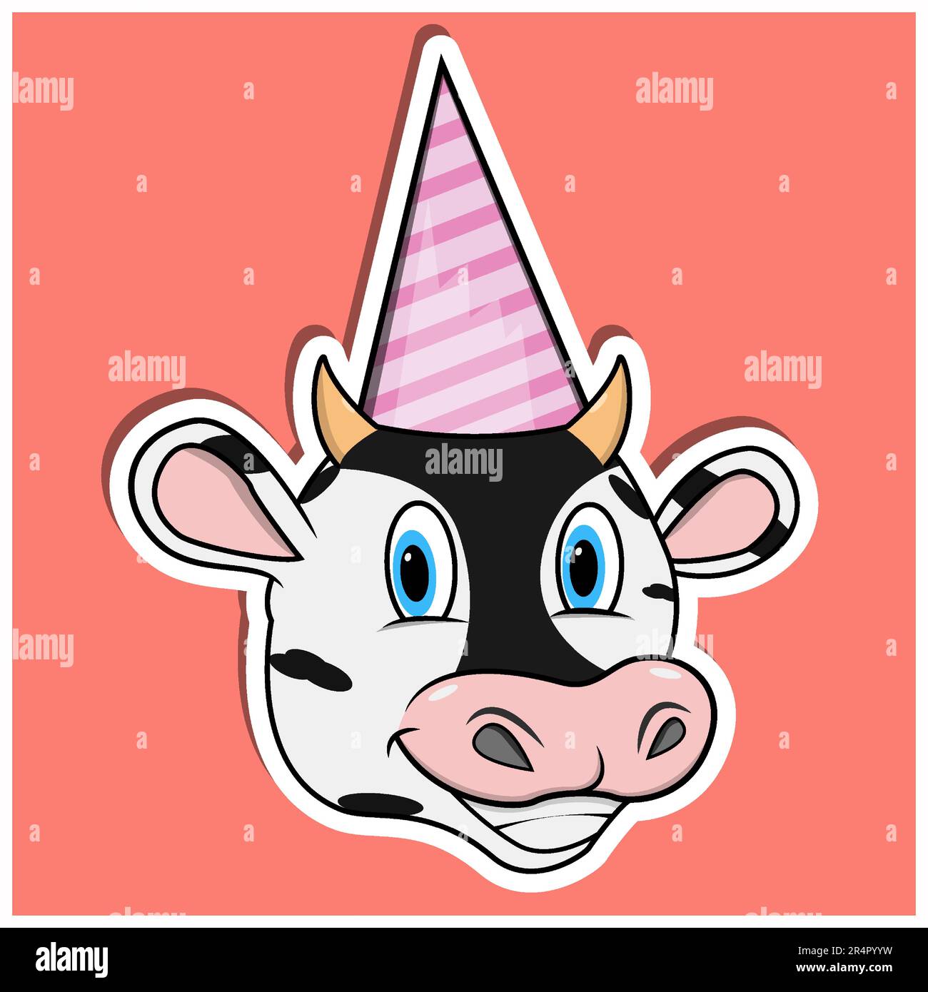 Adesivo per il viso animale con Cow che indossa il cappello di compleanno. Design dei personaggi. Vettore e illustrazione Illustrazione Vettoriale