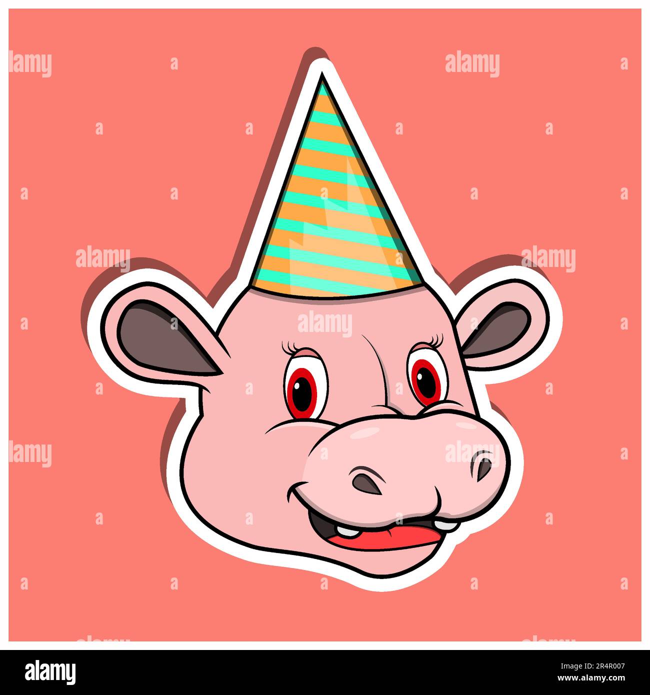 Adesivo per il viso animale con Hippopotamus che indossa un cappello da festa. Design dei personaggi. Vettore e illustrazione Illustrazione Vettoriale
