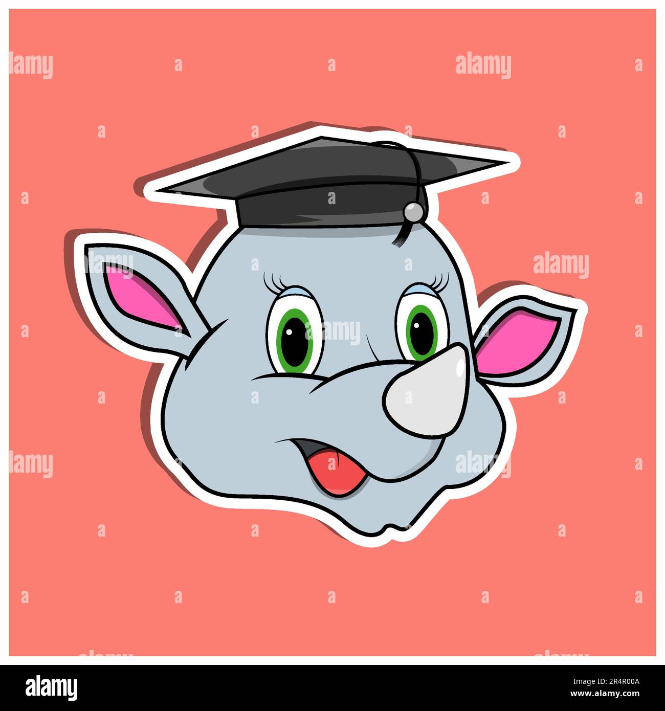 Adesivo per il viso animale con rinoceronte che indossa il cappello Graduate. Design dei personaggi. Vettore e illustrazione Illustrazione Vettoriale