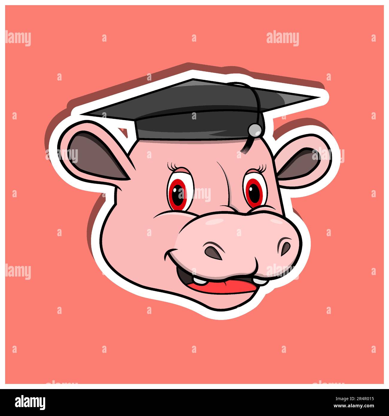 Adesivo per il viso animale con Hippopotamus che indossa il cappello Graduate. Design dei personaggi. Vettore e illustrazione Illustrazione Vettoriale