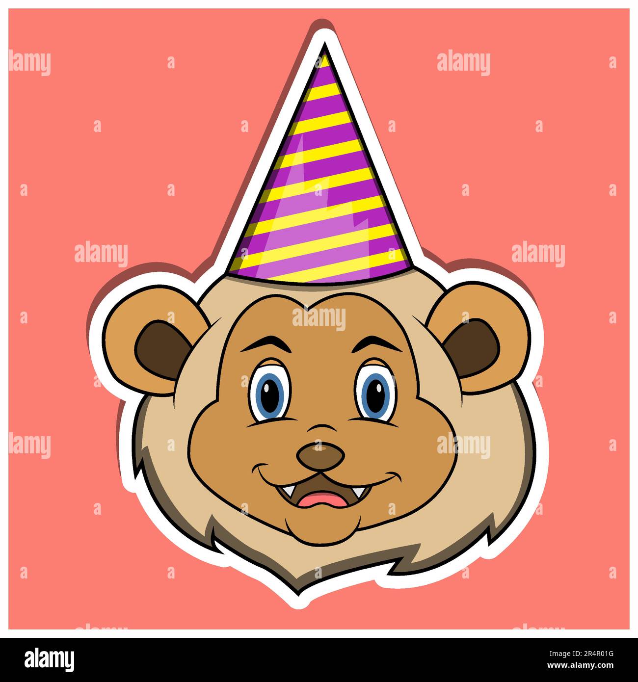 Adesivo per il viso degli animali con Lion e cappello da festa. Design dei personaggi. Vettore e illustrazione Illustrazione Vettoriale