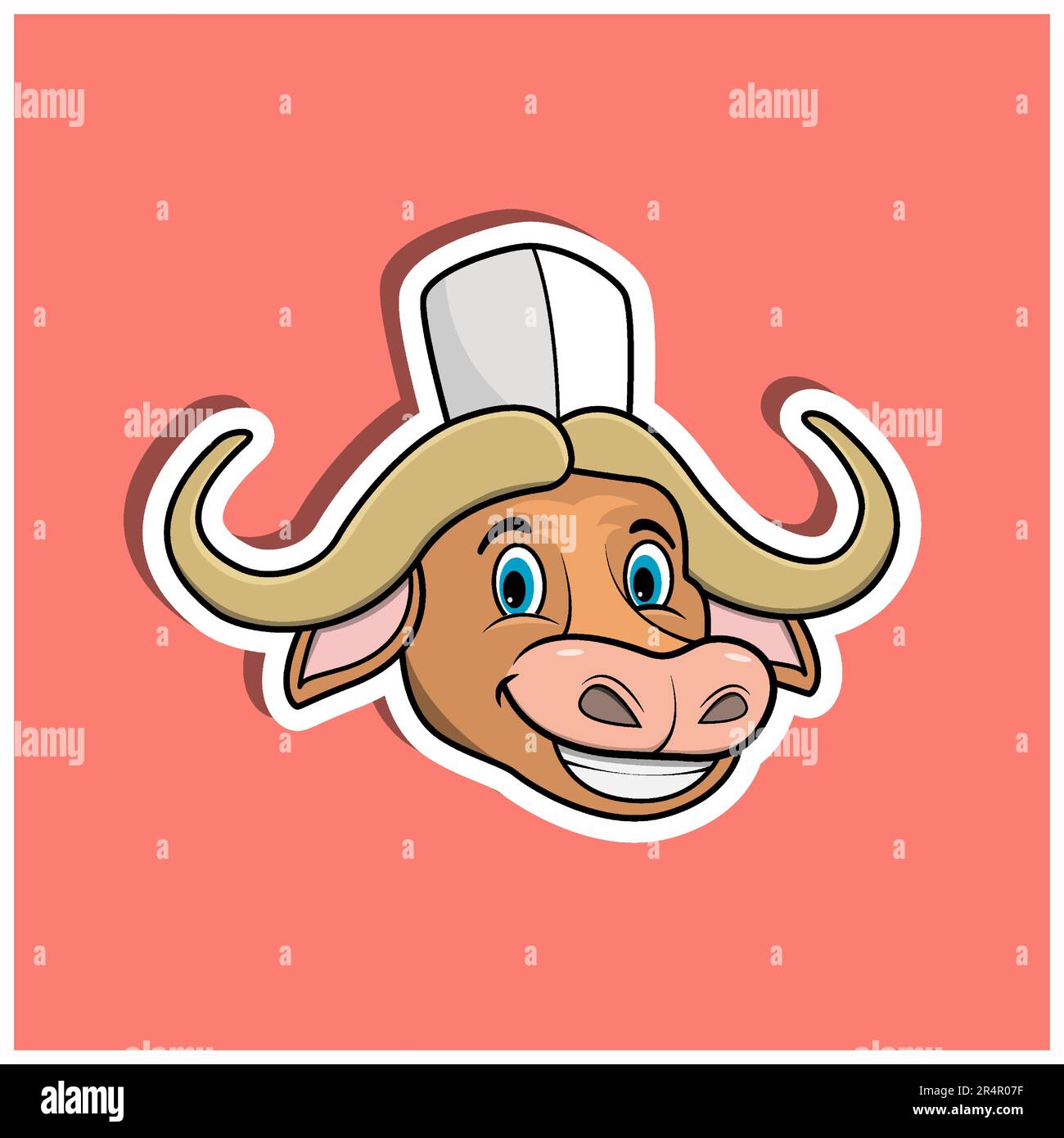 Adesivo per il viso degli animali con cappello da chef con bufalo. Design dei personaggi. Vettore e illustrazione Illustrazione Vettoriale