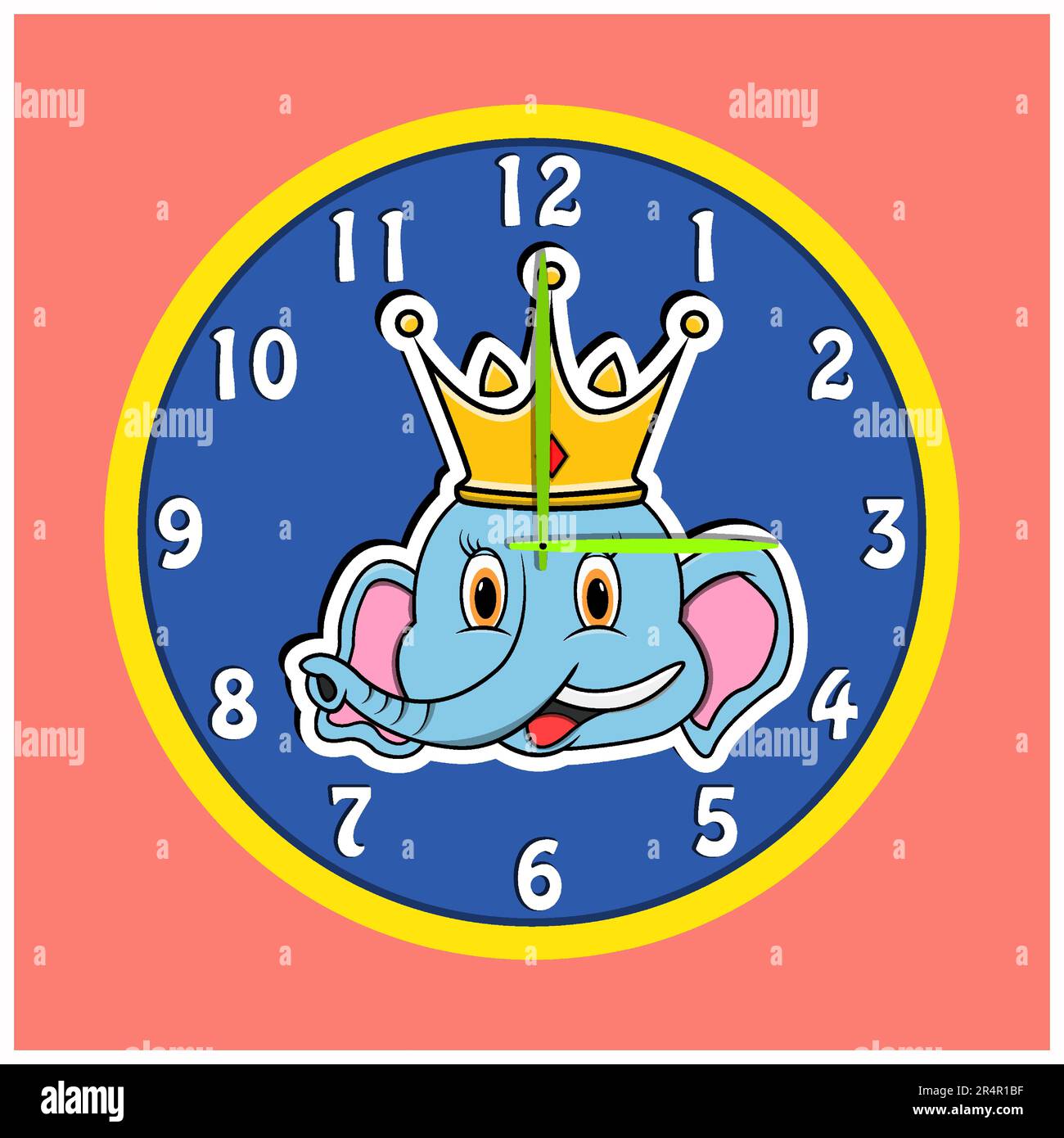 Adesivo testa animale con corona su orologio. Testa di elefante. Perfetto per il design dei personaggi Kid Clock. Vettore e illustrazione. Illustrazione Vettoriale