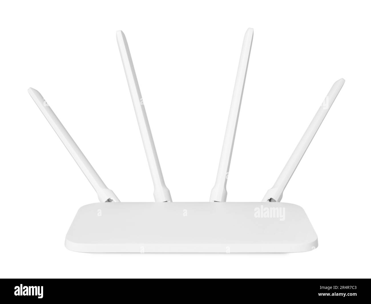 Nuovo router Wi-Fi moderno isolato su bianco Foto Stock
