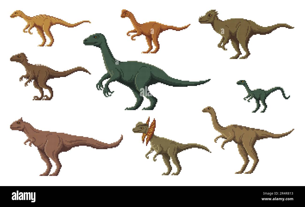 Personaggi di dinosauro pixel. 8 bit pixel art gioco dino animali. Gallimimus, Therizinosaurus, Troodon e Oviraptor, Compsognathus, Pachycephalosaurus vettore pixel dinosauro, animale rettile estinto Illustrazione Vettoriale