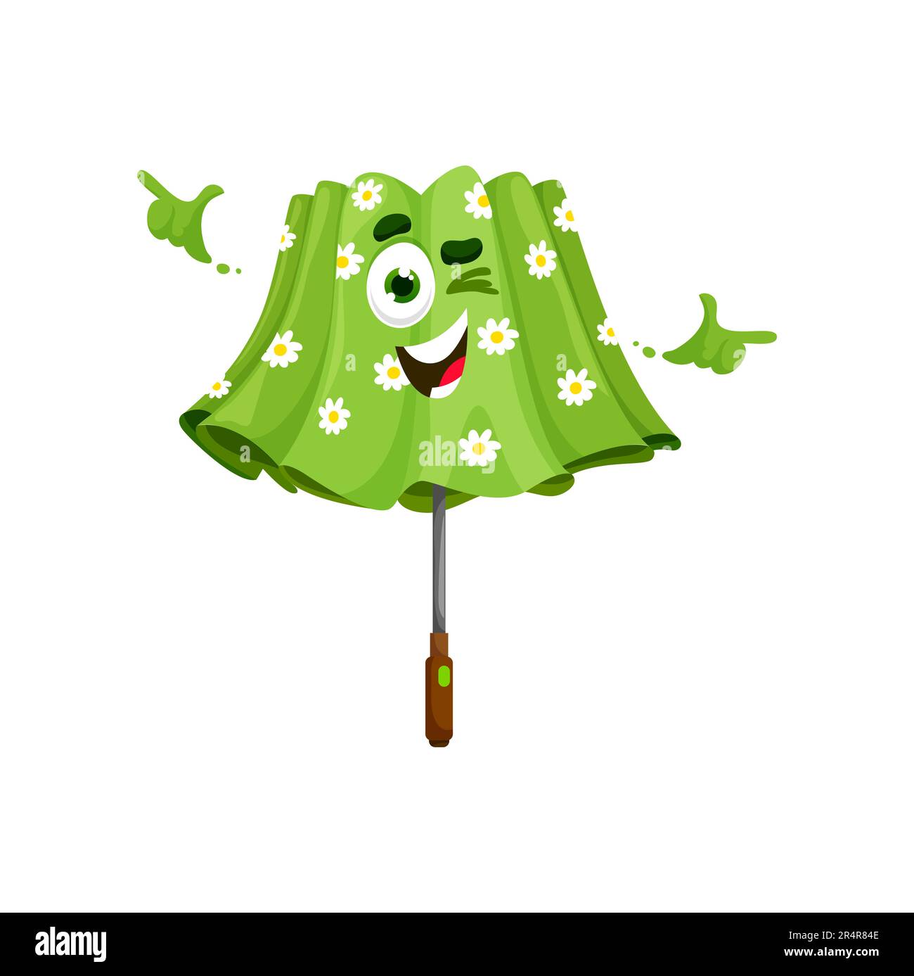 Personaggio con ombrello verde cartoon, adorabili emoji con parasoli ripiegati con volto sorridente e un occhio di occhiolino esprimono una sensazione di positività. Personaggio vettoriale isolato per previsioni meteo, libri per bambini e giochi Illustrazione Vettoriale