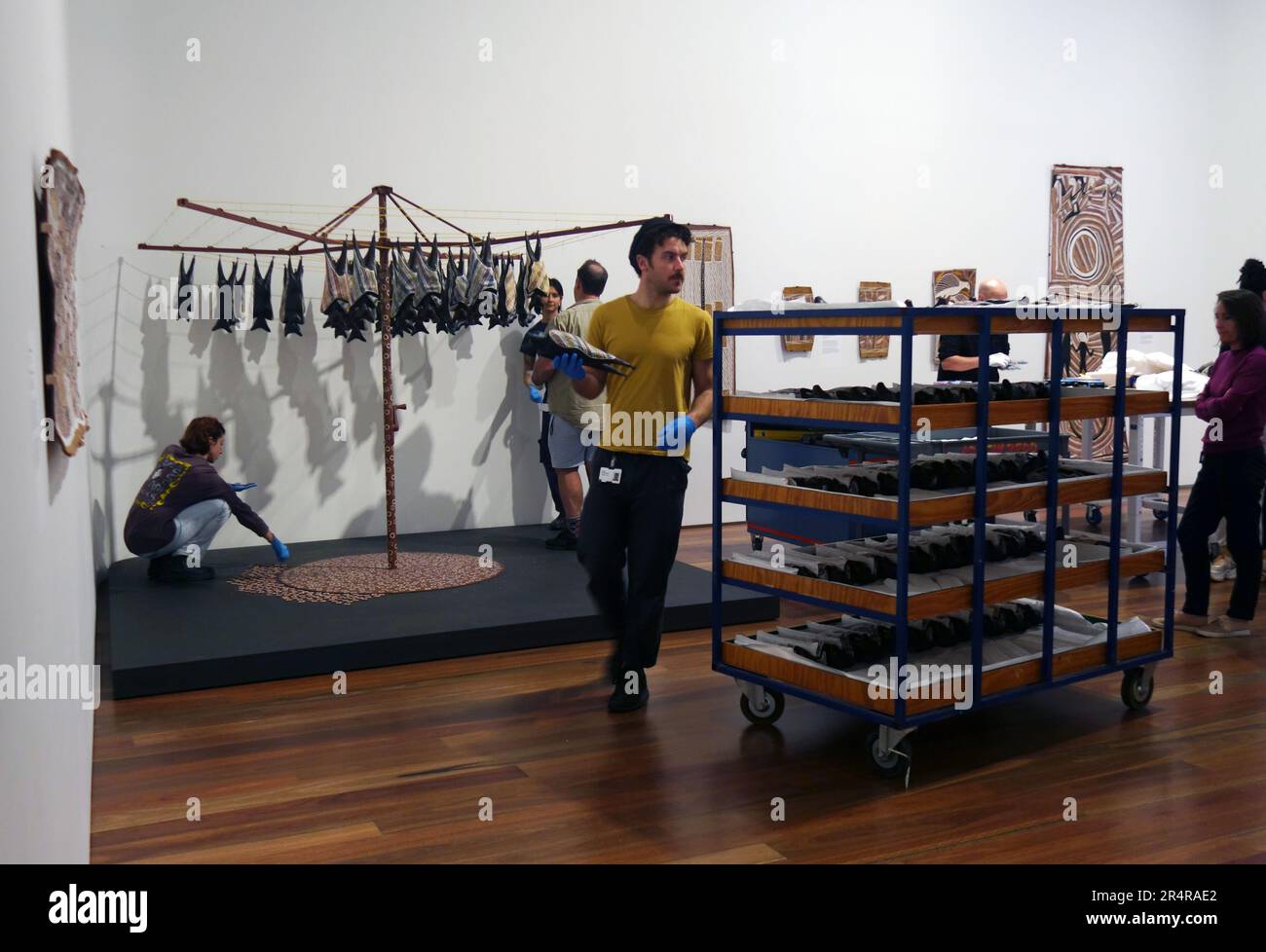 Opera di "Fruit Bats" di Lin Onus disinstallata nella Yiribana Gallery, Art Gallery of NSW, Sydney, Australia. No MR o PR Foto Stock