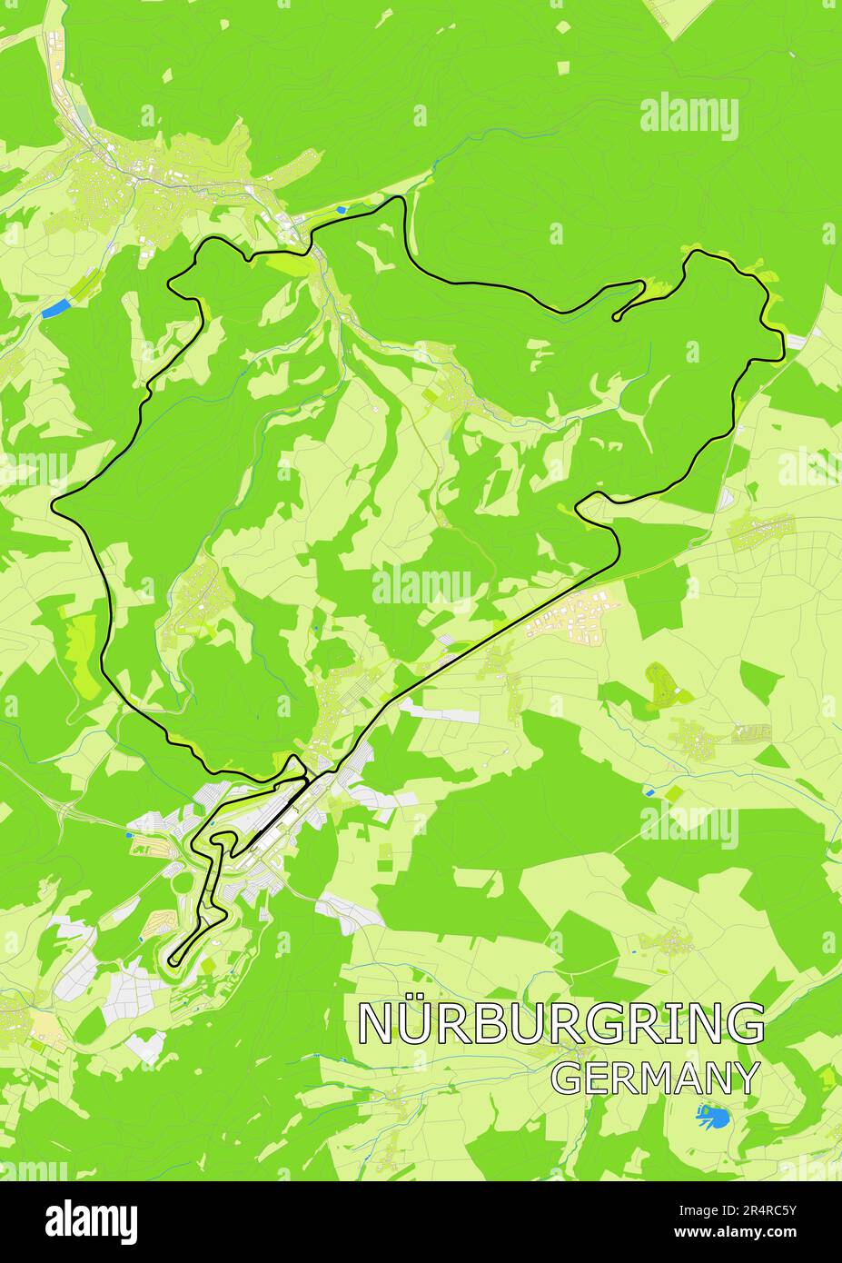 Una mappa illustrata del Nürburgring, in Germania. Costruito nel 1920s intorno al villaggio e castello medievale di Nürburg, sulle montagne Eifel. Illustrazione Vettoriale